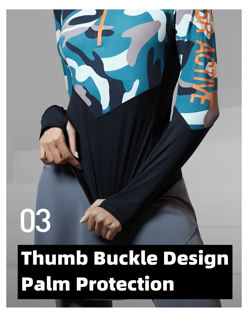 Women's camo rashguard with thumb buckle design for palm protection. Athletic wear made from breathable nylon-spandex fabric.